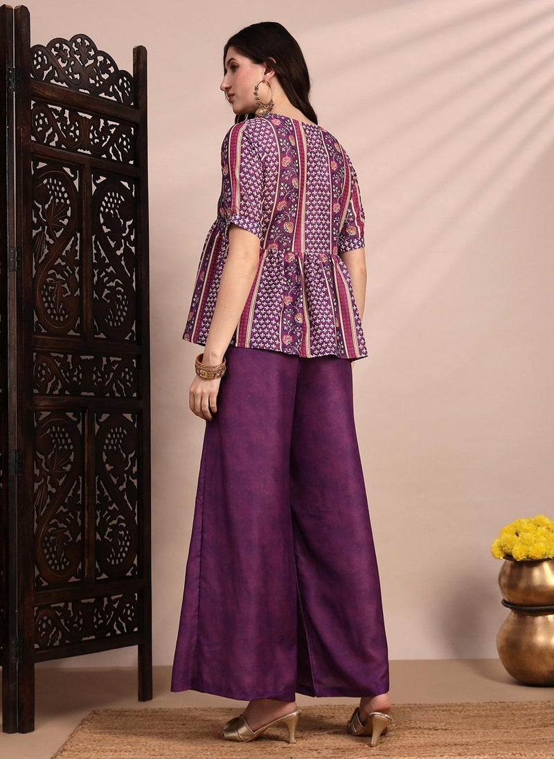 Globus Women Purple Ethnic Print V-Neck Gathered Detail Tunic & Mid Rise Wide Leg Trouser Fusion Co-Ord Set - Image 4
